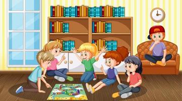 niños jugando juegos de mesa en la biblioteca vector