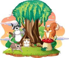 Isolated scene with different cute animals vector