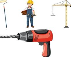 Construction worker set with man and tools vector