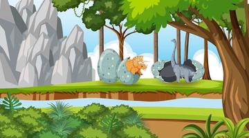 Nature scene with trees on mountains with dinosaur vector