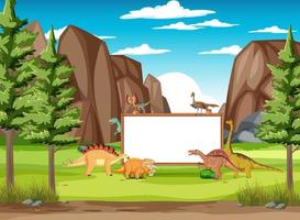 Nature scene with trees on mountains with sign board and dinosaur vector