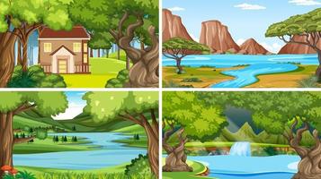 escena de la naturaleza con muchos árboles y río vector