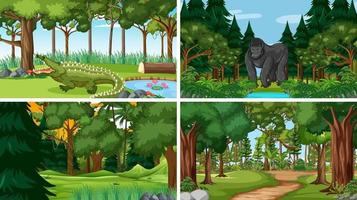 Set of nature scene with trees on mountains with Animal vector