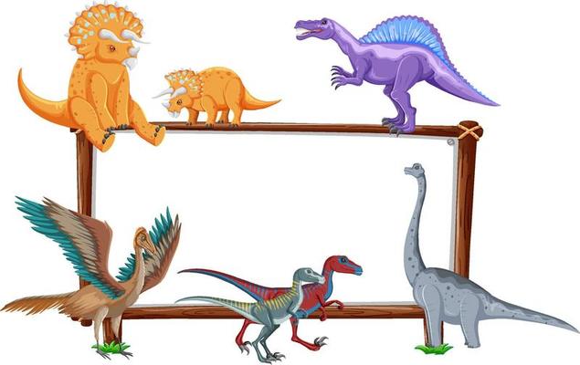 Group of dinosaurs around board on white background