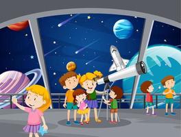 niños mirando el planeta con telescopio en el observatorio vector