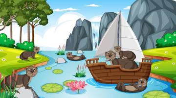 River in the forest scene with beavers on a sailboat vector