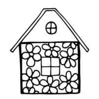 Simple hand-drawn vector black outline drawing. Cartoon children's patterned house, flowers on the facade. For prints, coloring pages, postcards.
