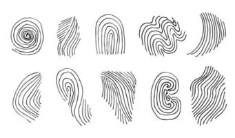 Vector black outline set. Wavy lines, doodle, curve, fingerprints, ink sketch, abstract elements of different shapes. Freehand drawing.