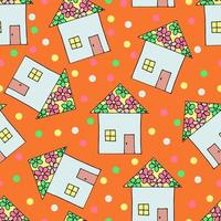 Hand-drawn cartoon vector seamless pattern. Small houses on a bright orange background. Sweet home. For fabric prints, children's decor, clothing, toys.