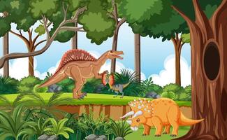 escena de la naturaleza con árboles en las montañas con dinosaurio vector