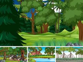 Set of nature scene with trees on mountains with Animal vector