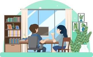 People working on computer at home vector