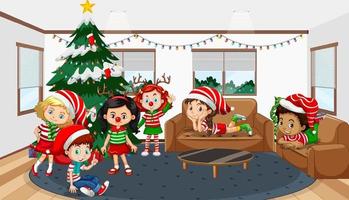 Children celebrating Christmas at home vector