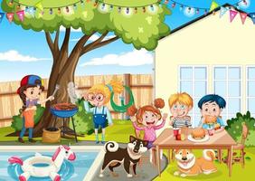 Scene of backyard with kids and fence vector