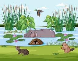 Wetland forest scene with capybara vector