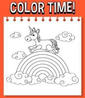 Worksheets template with color time text and rainbow with Unicorn outline vector