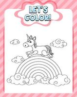 Worksheets template with color time text and Unicorn outline vector