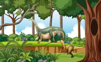 escena de la naturaleza con árboles en las montañas con dinosaurio vector