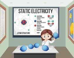 chica científica haciendo experimento de ciencia de electricidad estática vector