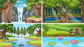 escena de la naturaleza con muchos árboles y río vector