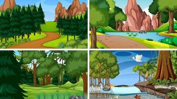 cuatro escenas con animales en el bosque vector