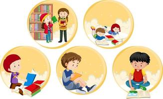 Set of Little boy and girl reading a book on white background vector