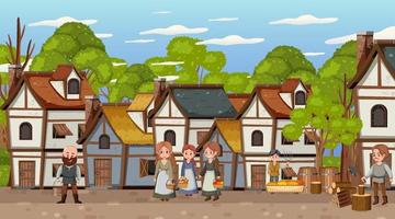 escena de la ciudad medieval con aldeanos. vector