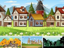 Set of different scene medieval with silhouette vector