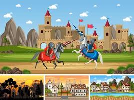 Set of different scene medieval with silhouette vector