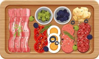 Top view of lunch meat on a wooden tray vector