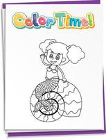 Worksheets template with color time text and mermaid outline vector