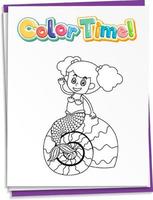 Worksheets template with color time text and mermaid outline vector