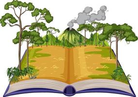 Book with scene of volcano in forest vector