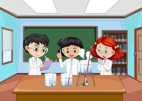 niños científicos explicando el experimento de la temperatura del agua vector