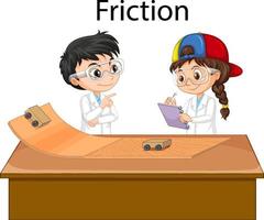 Scientist kids doing friction experiment vector