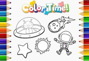 Worksheets template with color time text and UFO outline vector