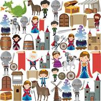 Medieval characters buildings set vector