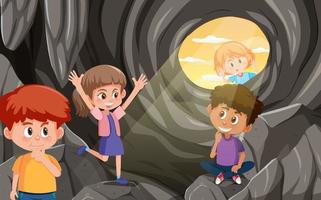 en la escena de la cueva con niños explorando el personaje de dibujos animados vector