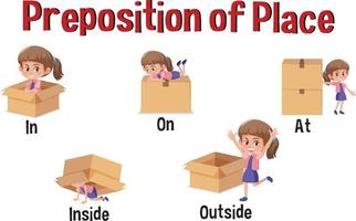 wordcard de preposición con niña y cajas vector