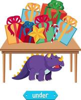 Preposition wordcard with dinosaur under table vector