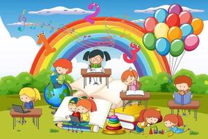 A children are reading books on a stack of books in garden scene vector