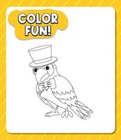 Worksheets template with color fun text and parrot outline vector