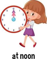 English prepositions of time with clock at noon vector