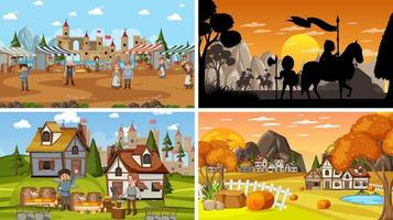 Set of different scene medieval with silhouette vector