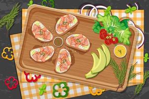 Top view of bruschetta on a wooden tray vector