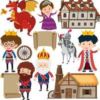 Medieval characters buildings set vector