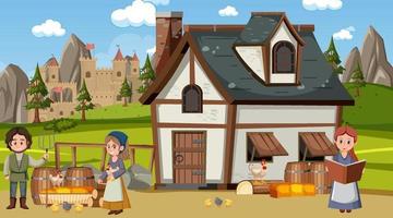 Medieval town scene with villagers vector