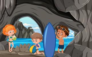 en la escena de la cueva con niños explorando el personaje de dibujos animados vector
