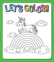 Worksheets template with color time text and Unicorn outline vector