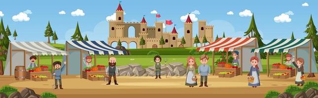 Medieval town scene with villagers at the market vector